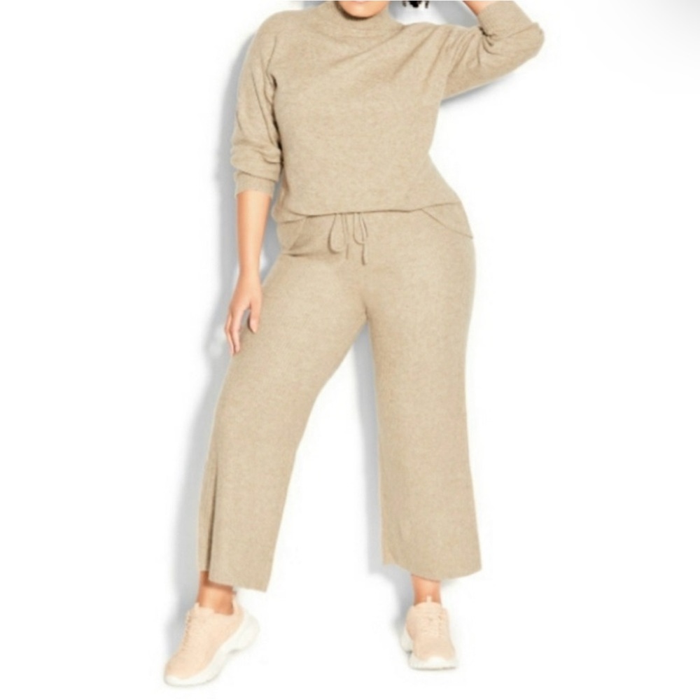 City Chic Sassy Pant 2pc Tan Wool Blend Cozy Sweater Lounge Set Women’s Plus NWT